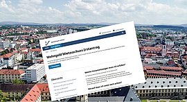 Das Symbolbild ein Luftbild der Stadt Fulda und einen Screenshot von der Internetseite zur Online-Beantragung des Wohngelds